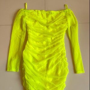 Hot Miami Styles Neon Yel Ruched Long Sleeve Sexy Off The Shoulder Bodycon Dress